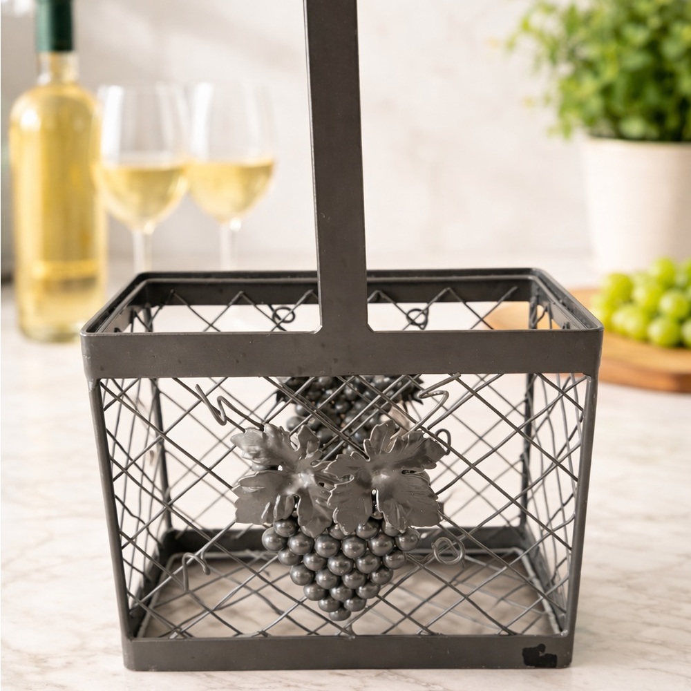 Metal Wine Bottle Caddy Grapevine Basket Tuscan Kitchen Decor Rustic Bar Holder - Picture 3 of 8